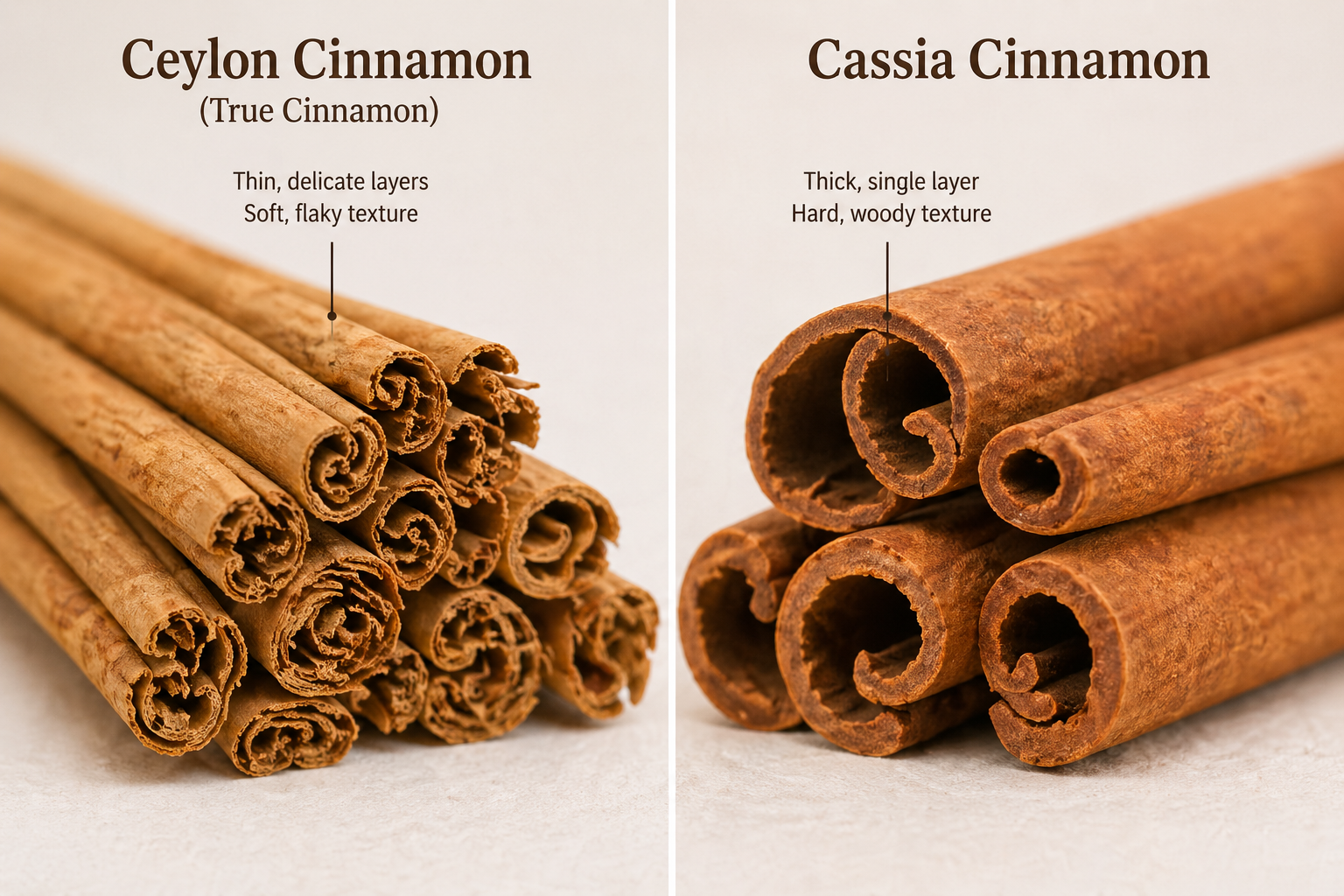 Visual comparison showing the differences between true Ceylon cinnamon and common Cassia cinnamon